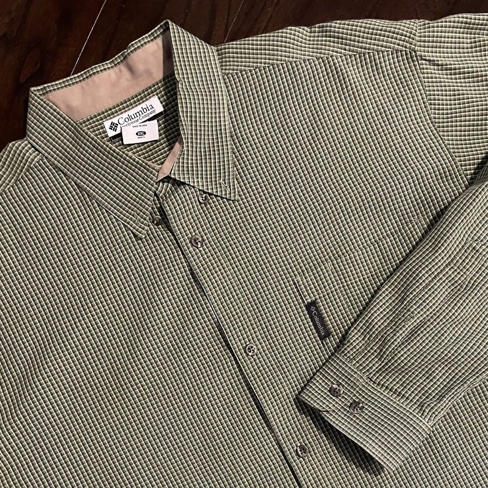 Columbia Button Down Shirt Mens XXL Green Tan Micro Check Long Sleeve Pocket